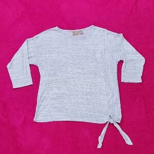 Chico's Shirt Women 1 US M-8 White Black Stripe 3/4 Sleeve Tie Hem Pullover